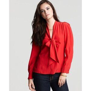 PARKER Red 100% Silk Crepe Neck Tie Button Up Blouse, Size S